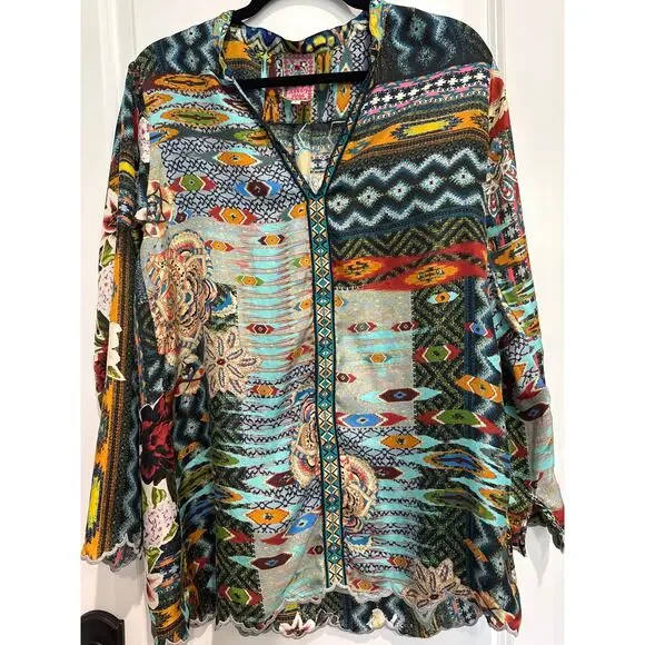 MSRP $290 NWOT Johnny Was Patchwork Silk Cane Blouse Size S-M | SAME DAY SHIP - Picture 2 of 8